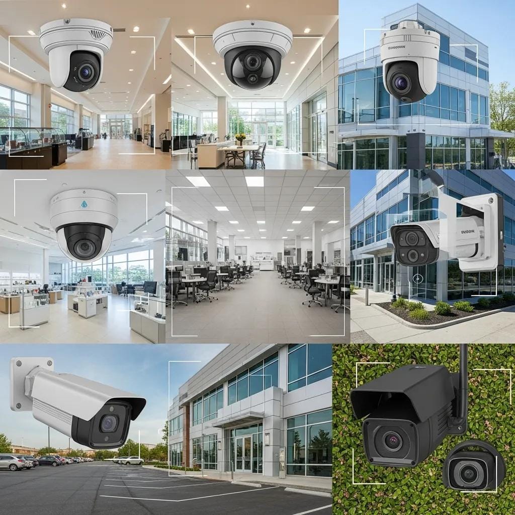 Modern business security system with various surveillance cameras in a commercial environment