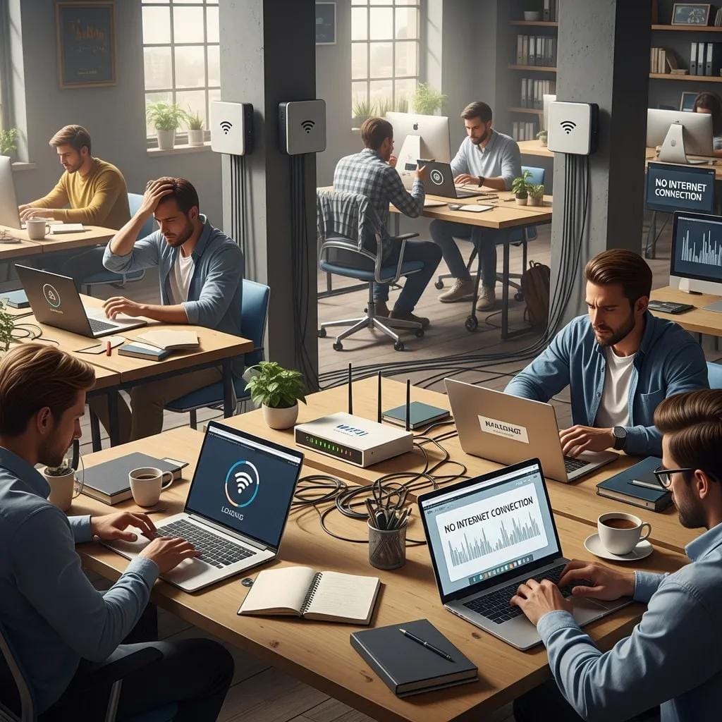 Office employees experiencing connectivity issues due to poor WiFi, highlighting the importance of reliable internet for business productivity