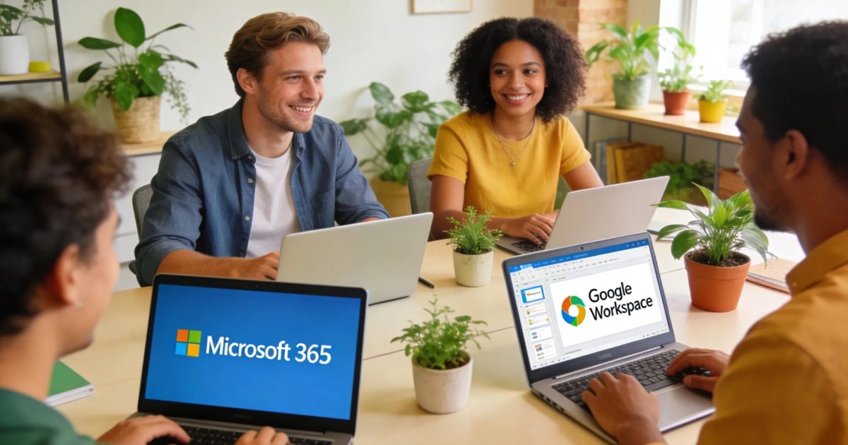 Modern workspace showing diverse professionals using cloud office suites Microsoft 365 and Google Workspace