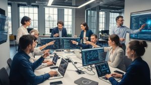 Collaborative IT team discussing proactive IT management strategies in a modern office