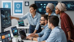 Nonprofit professionals collaborating on cybersecurity solutions in a modern office setting