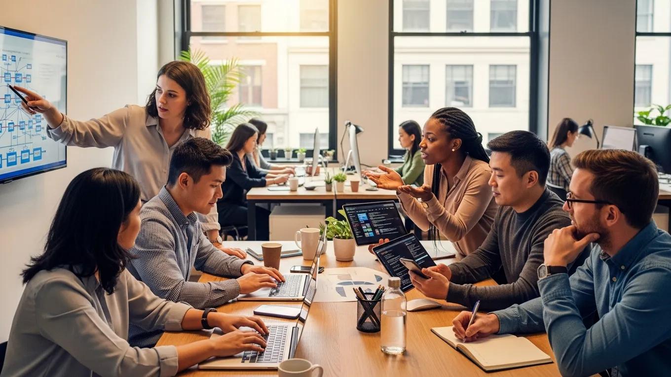 Teamwork in an office discussing IT upgrades for operational efficiency